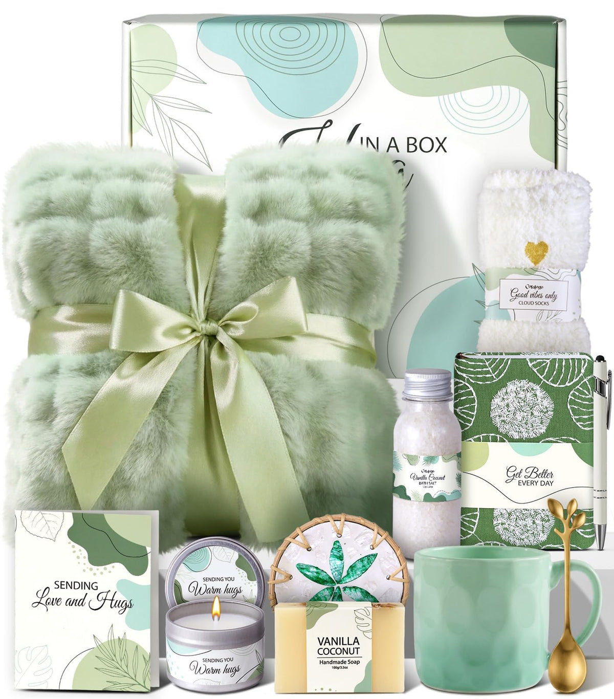 Coralogo Get Well Soon Gift Baskets - Mothers Day Gift Basket, Hug In a Box with Blanket, Thoughtful Self Care Gifts for Get Well Sympathy Relaxation Birthday Thinking of You, Spa Kit For Women