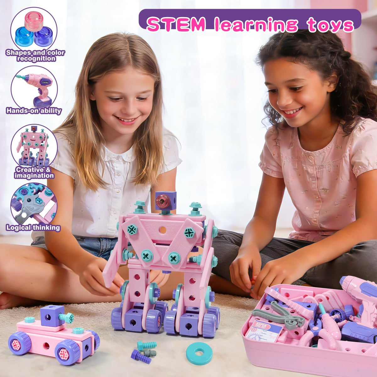 Pink Kids Tool Set for Girls,Toddler Tool Set with Drill &Toolbox,STEM Montessori Toys for 3 4 5 Year Old,Pretend Play Kid Toy,Educational Construction Toy for 3-6 Year Old Girl,Birthday Gift for Kids