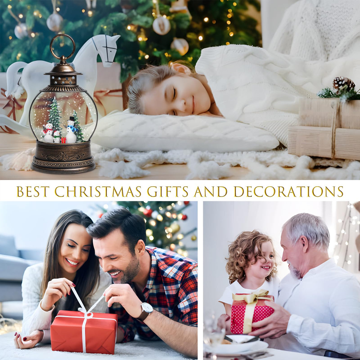 Snow Globes, Snowman Family,Glitter Water Christmas Lantern with 8 Songs, 6H Timer Battery & USB Powered Music Box,Gifts for Men and Kids, Indoor Christmas Decorations