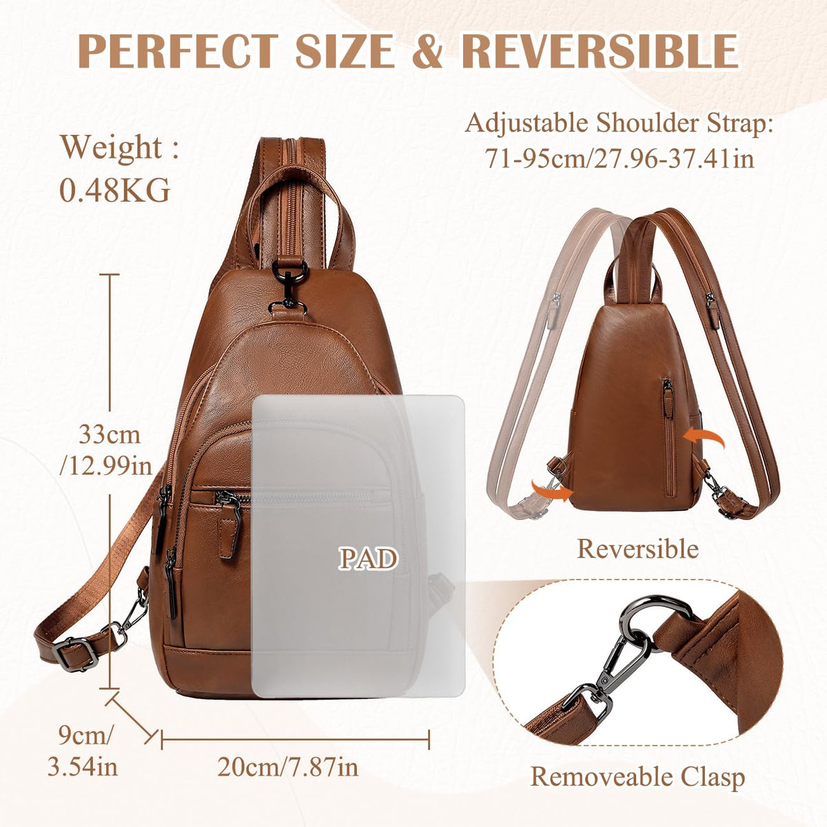 RAVUO Backpack Purse for Women, Anti Theft Sling Crossbody Bag Ladies Convertible Shoulder Daypack Casual Chest Bag for Travel Hiking College,Brown