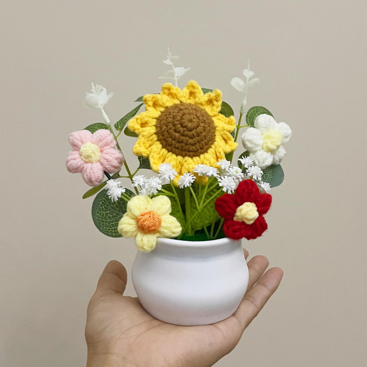 YUNBIAOSEN Handmade Crochet Sunflower Potted Plants Knitted Floral Decor for Office Desk, Car Dashboard, Unique Birthday Gifts for Women, Mom, Teacher (Sunflower Puff, 4 Pack, 7.1 x 2.76 Inches)