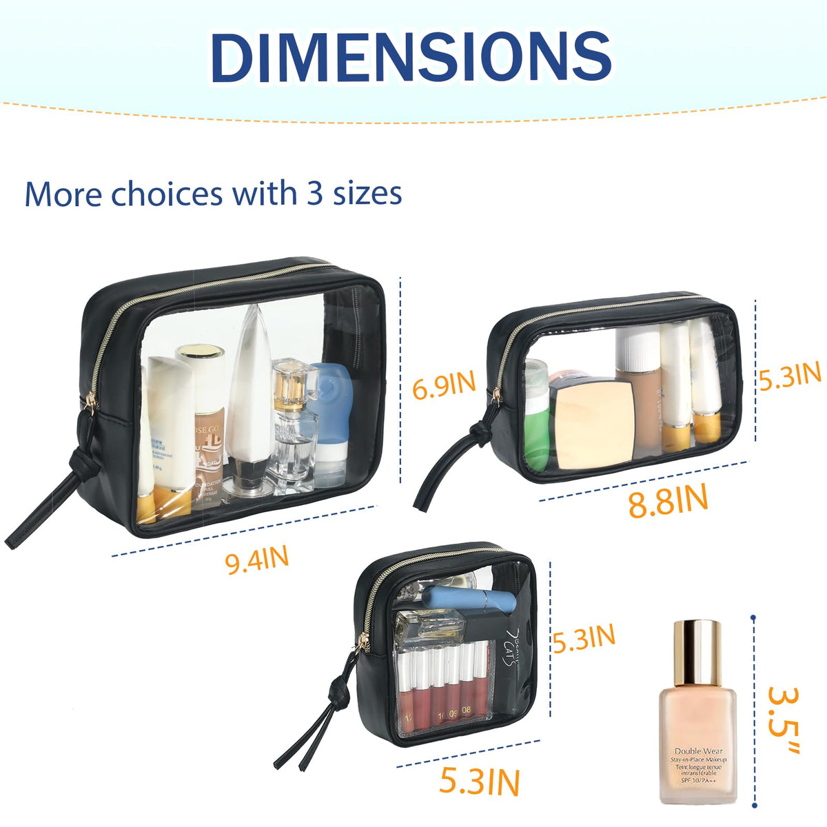 lllyan 3-Piece Travel Makeup Bag Clear Waterproof Toiletry Bag Set Large, Medium Small Sizes Travel Toiletry Organizer Pouch Cosmetic Storage for Bathroom (Black)
