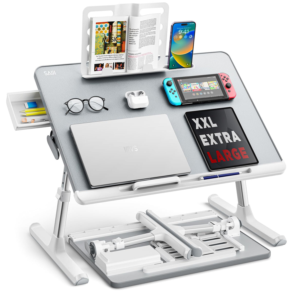 Laptop tray, SAIJI 60*45cm Table lap for bed, Multi-purpose Premium Lapdesk, Height Angle adjustable, with Book Stand, Drawer, Tablet slot, for Eating, Working, Writing, Gaming, Drawing (Light Grey)