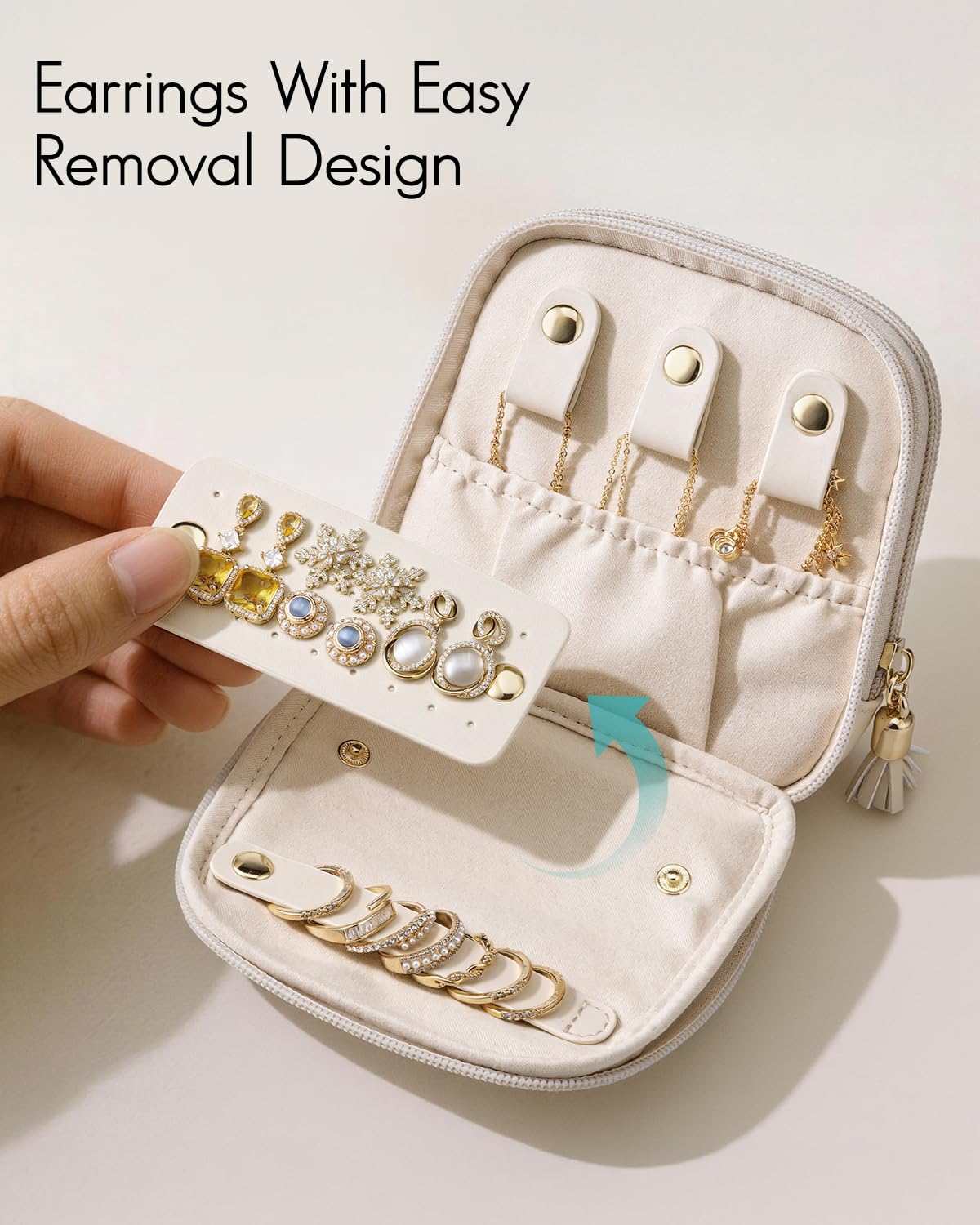 VLANDO Travel Jewelry Case,2-Layer Jewelry Organizer for Travel,Mothers Day Mom Gifts,Multi-Compartment Jewelry Storage for Rings Earrings Necklaces Bracelets-Cream White