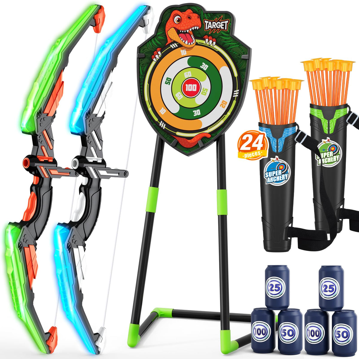 HYES 2 Pack Bow and Arrow for Kids, LED Light Up Archery Set with 24 Suction Cup Arrows, 1 Standing Target, 6 Score Targets & 2 Quiver, Indoor Outdoor Sport Gifts for Boys Girls Ages 4-8