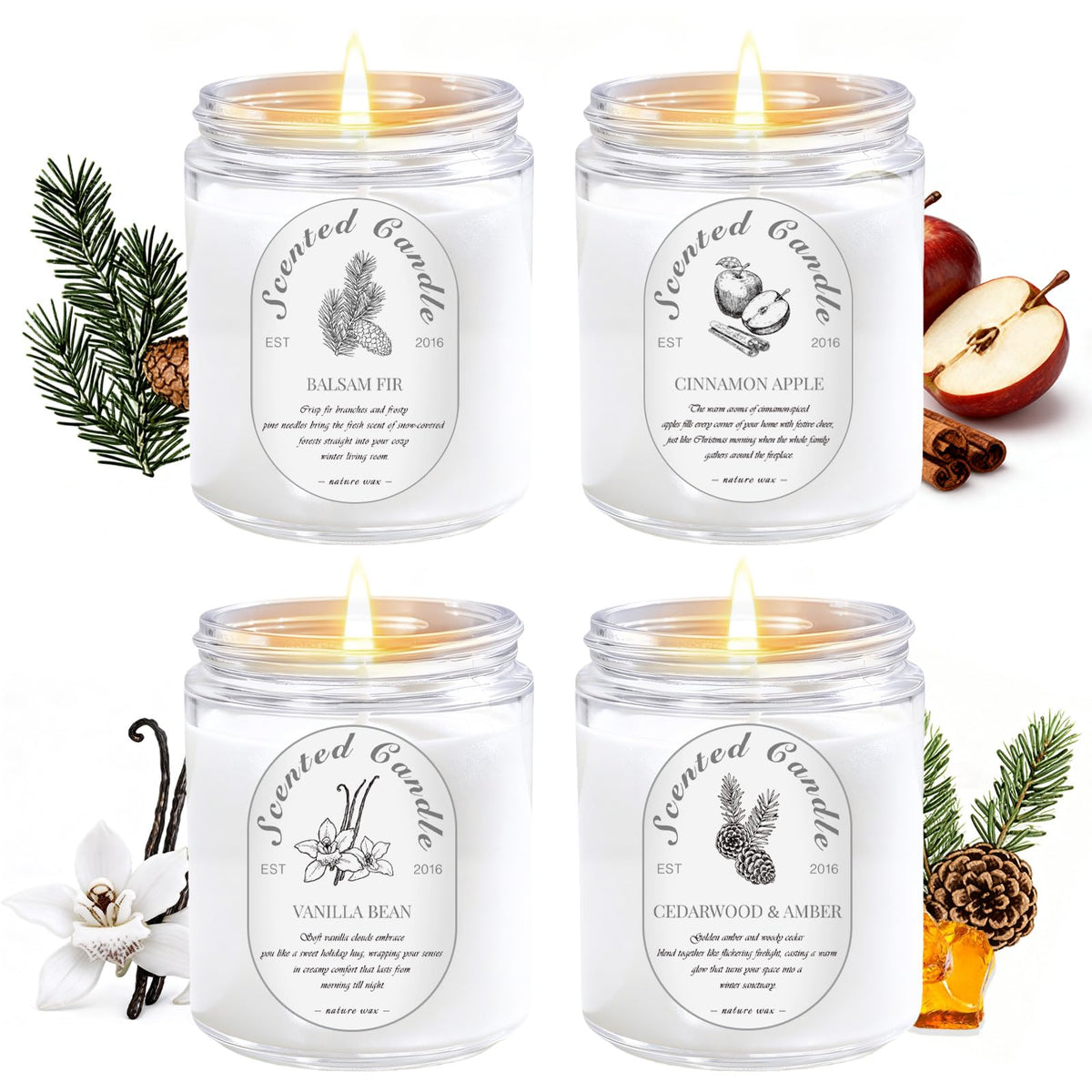 Scented Candle Gift Set, 4 Pack 28oz Soy Wax Scented Candles for Home – Cinnamon Apple, Balsam Fir, Vanilla Bean, Cedarwood & Amber – Cozy Aromatherapy Candles for Holiday & Home Decor Gifts