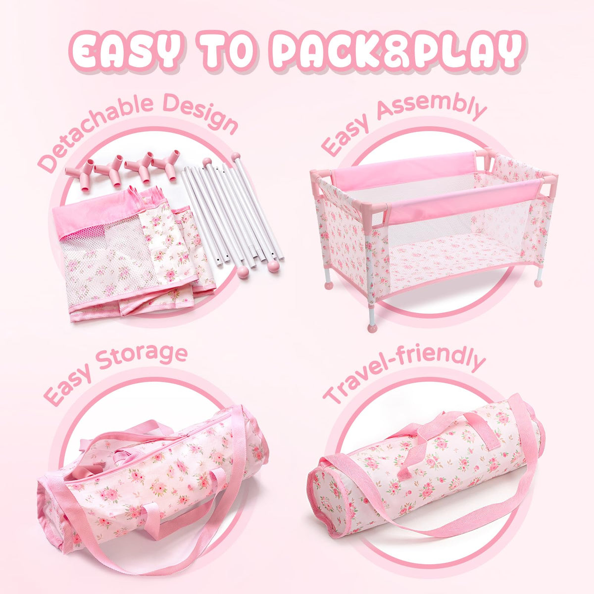 Baby Doll Crib for 12-18 Inch Dolls, Chyyeerkidd Pack and Play Pink Floral Baby Doll Bed with Carry Bag, Travel-Friendly Reborn Baby Doll Accessories for Girls Ages 3+, Easy Assembly (White)