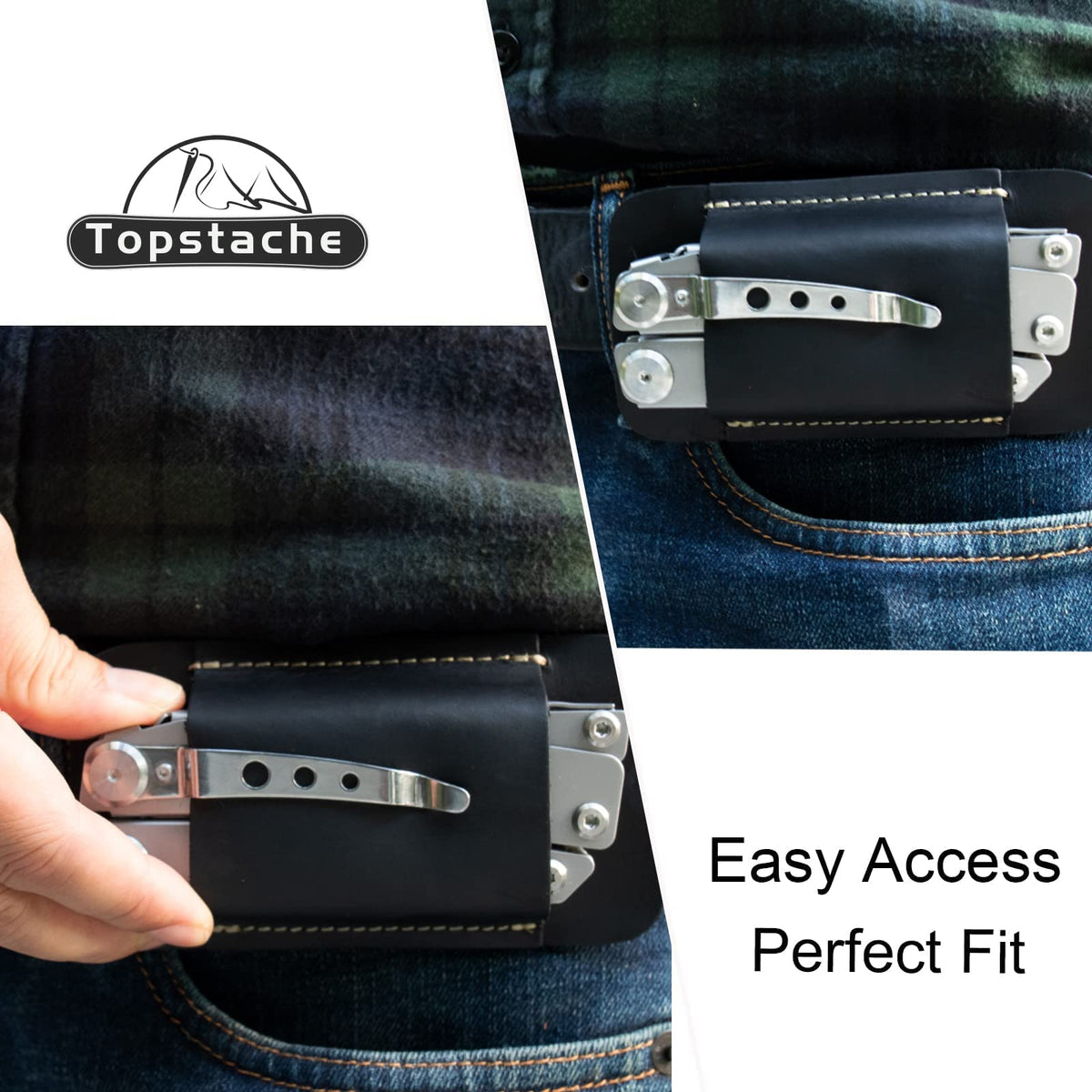 Topstache Leather Sheath, Handmade Multitool Holster, Horizontal Carry Leather Knife Sheath for Belt, EDC Pocket Organizer for Men,Size M,Black