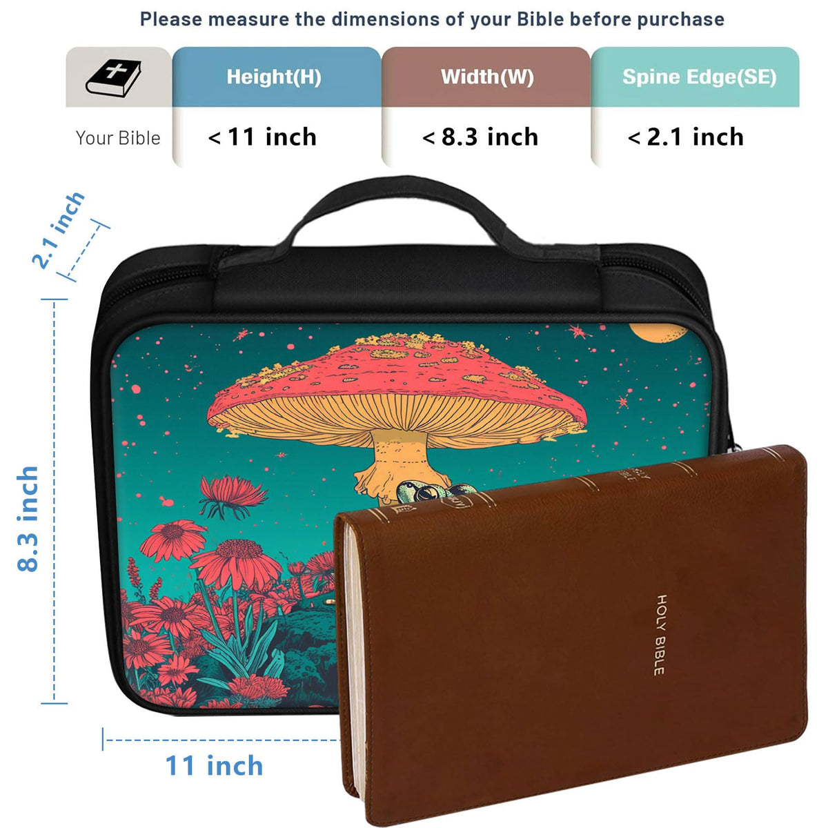Qindaiwen Bible Cover for Women Kids, Bible Carrying Case Church Bag Bible Protective with Zippered Back Pocket, Gift for Adults Lady Women Men, Frog on a Mushroom