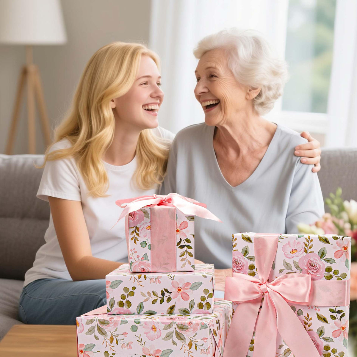 BIOBROWN Reversible Floral Wrapping Paper Roll - 17 Inches X 33 Feet (47 sq. ft. ttl.) Pink Watercolor Roses Design Flower Gift Wrap for Mother's Day, Wedding, Bridal Shower, Valentine's Day