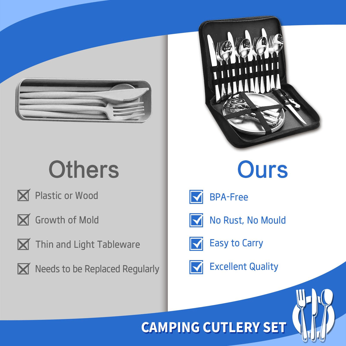 Cynrikah Camping Utensils, Camp Supplies 4 Person 20PCS with Spoons Plates Forks Knives in Camp Organizer, Mess Kit of Camping Utensil Set Car Camp Essentials Dishes for Picnic/Hiking(Black)
