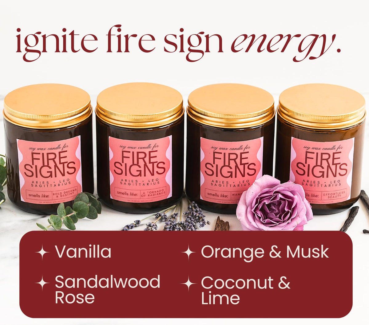 Aries, Leo, Sagittarius Gifts for Women - Wood Wick Candles, 4 Pack Small Scented Candles Set for Women. 6oz Natural Soy Wax, Aromatherapy Set for Home. Zodiac Astrology Birthday Spiritual Gifts