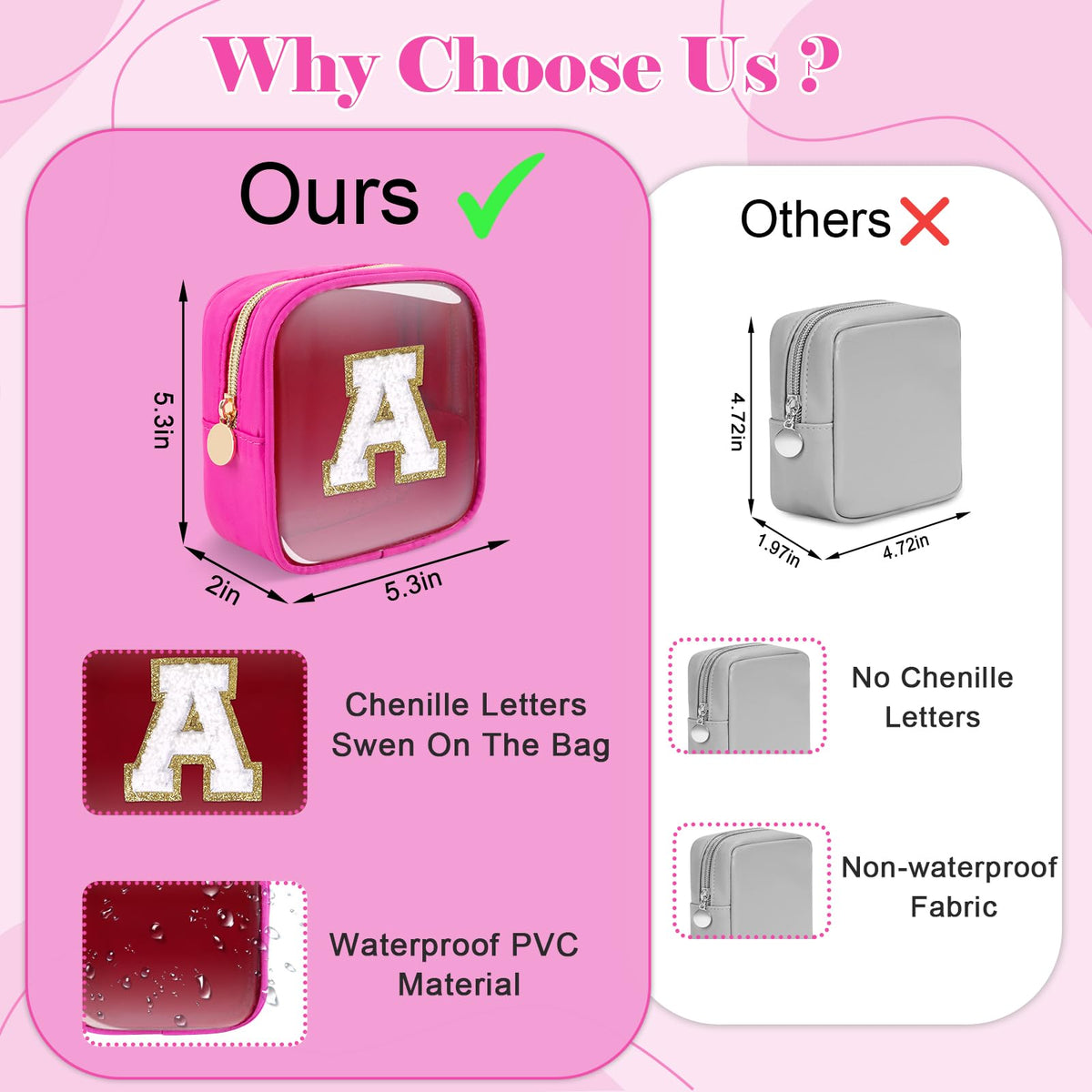 Personalized Initial Letter Clear Preppy Makeup Bag,Mini Nylon Chenille Letter Cosmetic Bag Cute Zipper Pouch Coin Purse for Teen Girls,Portable TSA Approved Travel Essentials Bag Gift for Women,F