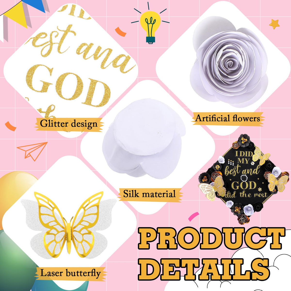 Feifeiya 44 Pcs DIY Graduation Cap Decoration Accessory Kit Faux Paper Flower Head Graduation Quote Glitter Sticker 3D Butterfly Pearl Rhinestone Sticker for Grad Cap Topper Gift (Black Gold)