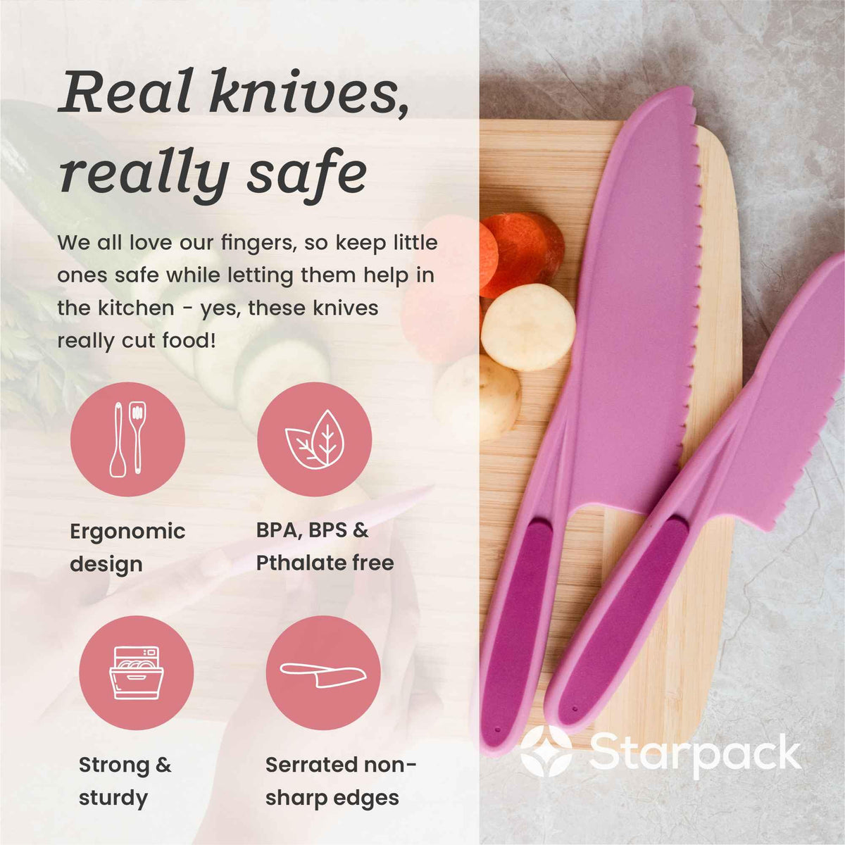 Starpack 'Finger Loving' Kid Safe Kitchen Knife Set of 3 - Kids Knife Set for Real Cooking - Serrated Edges Toddler Knife Sets for 3+ Year Olds - Montessori Knife Sets - BPA-Free Nylon Knives for Kids