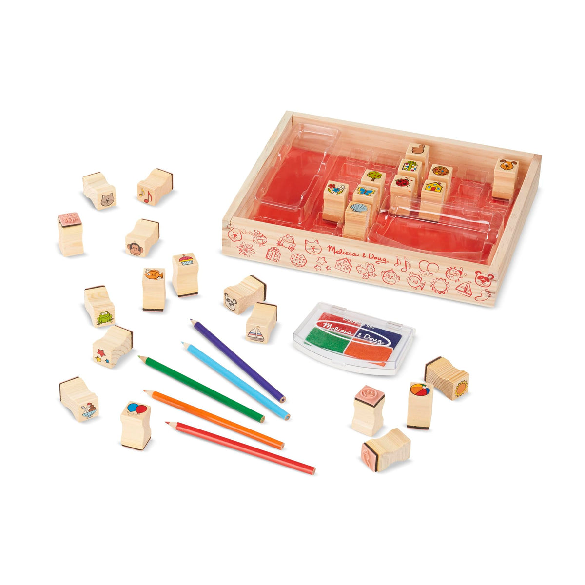 Melissa & Doug Wooden Stamp Set, Favorite Things - 26 Wooden Stamps, 4-Color Stamp Pad