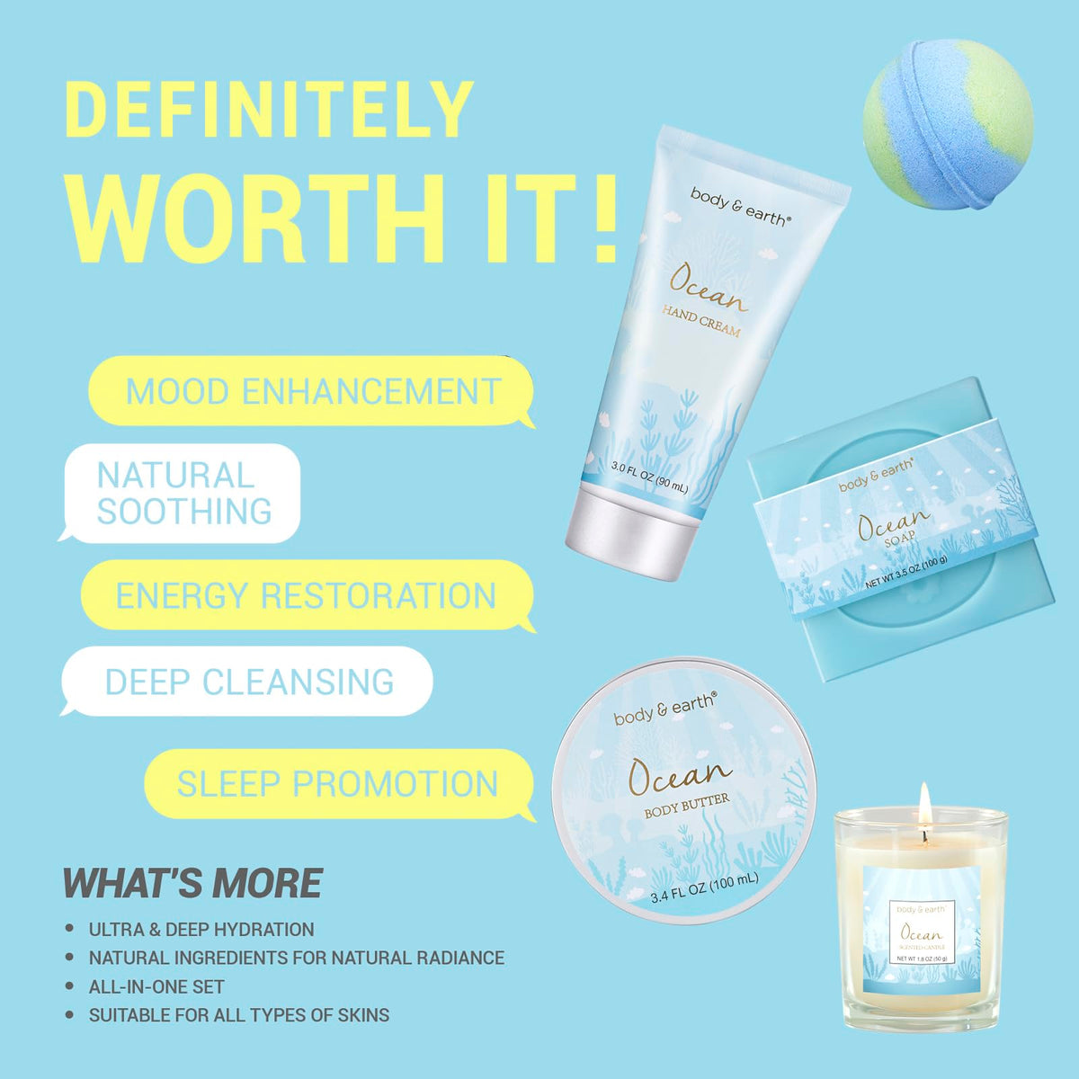 Gifts for Women, Bath and Body Womens Gift Sets with 5 Pcs Ocean Scented Spa Gifts for Women Bath Gift with Scented Candle Body Butter Hand Cream Bath Bomb Mothers Day Gifts