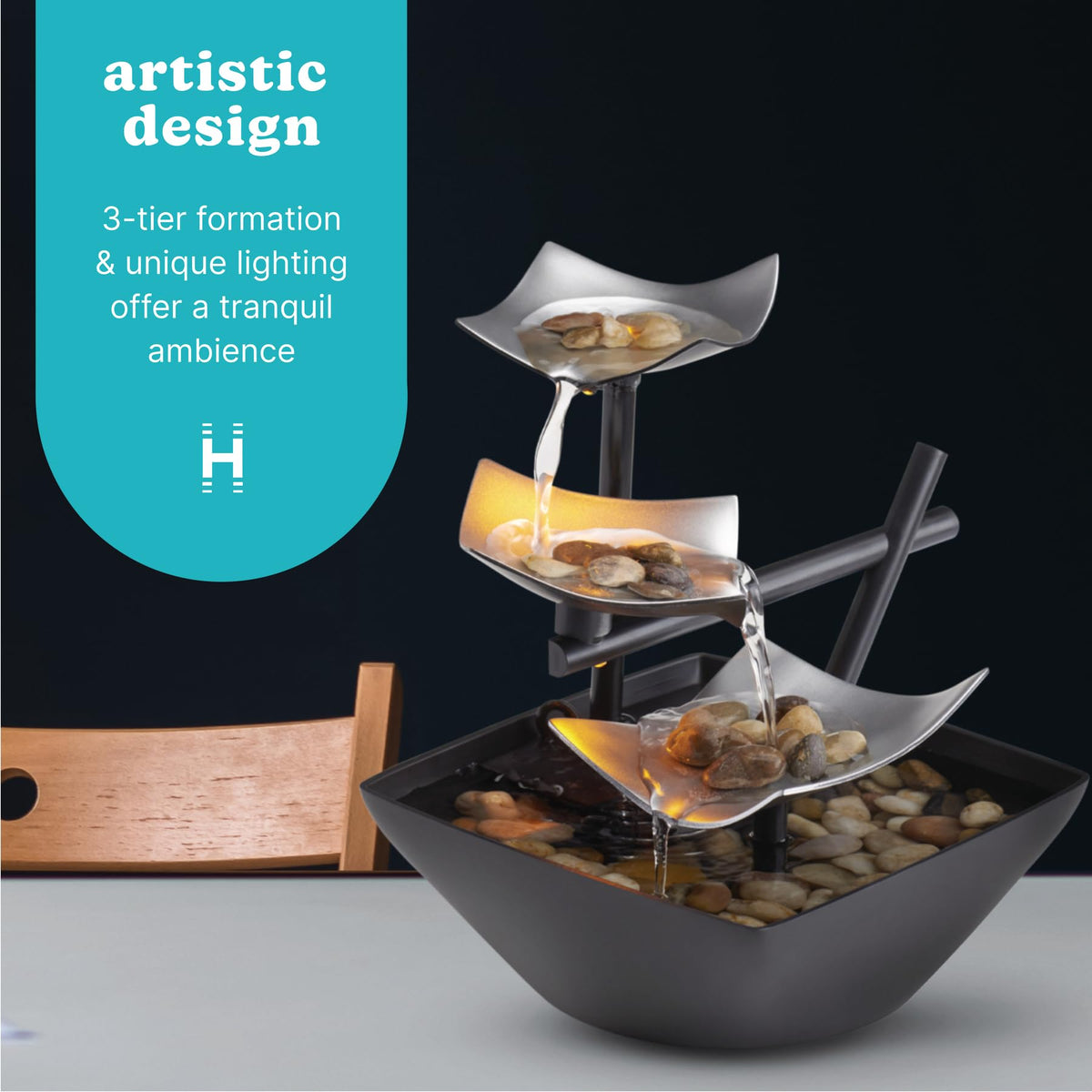 Homedics Tabletop Water Fountain, Home Décor Soothing Sound Machine - Automatic Pump, Deep Basin & Natural River Rocks. Indoor Zen Relaxation for Office, Living Room, or Bedroom, 8.25” Tall