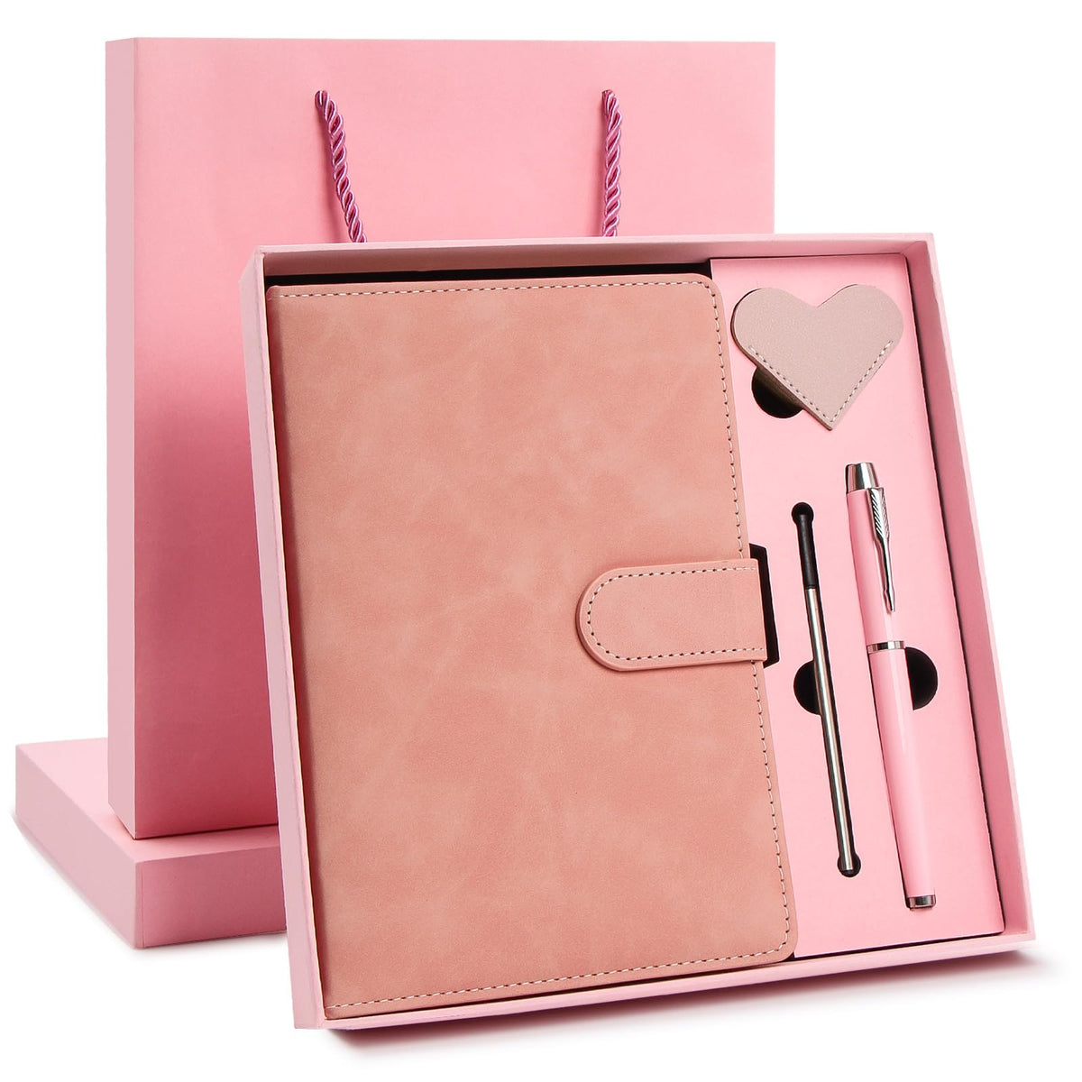 Ciyanwcx Leather Notebook Gift Set - A5 Hardcover Journal with Pen & 6 Heart Bookmarks, Gift Box + Bag (Pink)