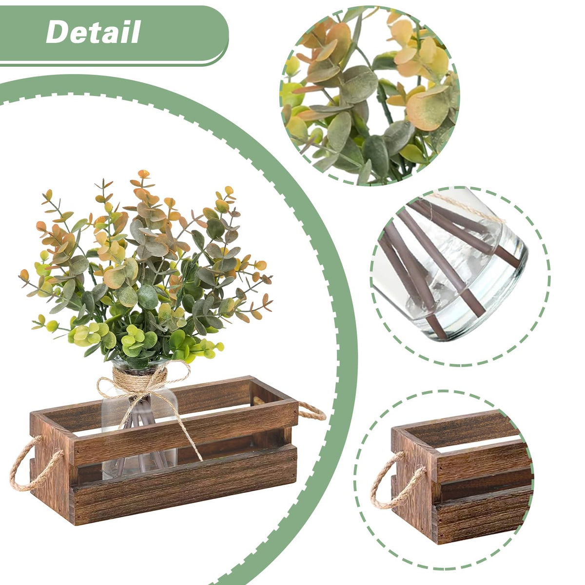 Fawairyc Artificial Eucalyptus Stems in Glass Vase with Faux Water,Combined with Wood Tray Centerpiece Table Decoration,11" Fake Plant with Orange-Green Leaves for Home Decor