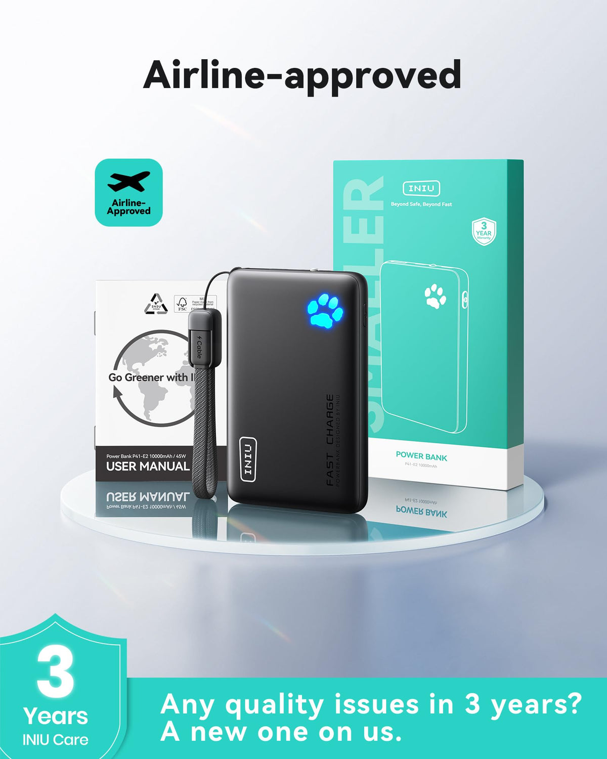 INIU Portable Charger, Smaller & Lighter 45W Fast Charging with Attached USB C Cable, Flight-Safe 10000mAh PD Power Bank Battery Pack, Travel Phone Powerbank for iPhone 17 16 15 Samsung S25 Google etc