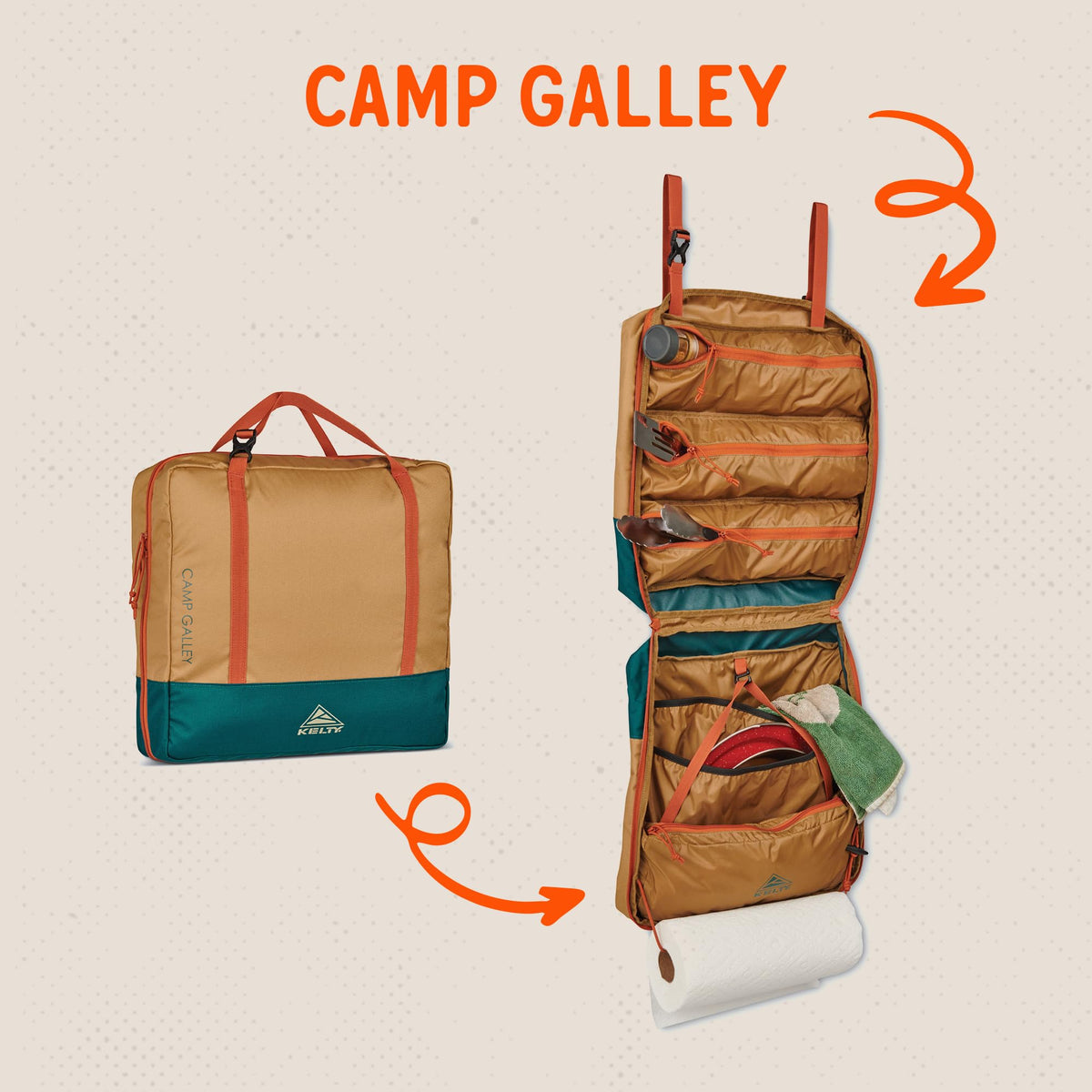 Kelty Camp Galley – Camp Kitchen Organization Kit, Pockets, Compartments for Outdoor Cooking Essentials, Plastic, DULL GOLD/DEEP TEAL