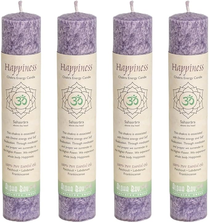 Premium Scented Candle Hand Made Chakra Energy Pillar | 4-Pack | Happiness, Sahasrara | Yoga, Prayer & Meditation Candle | Long Burn 15 Hours | Essential Oils of Patchouli & Frankincense | Aloha Bay