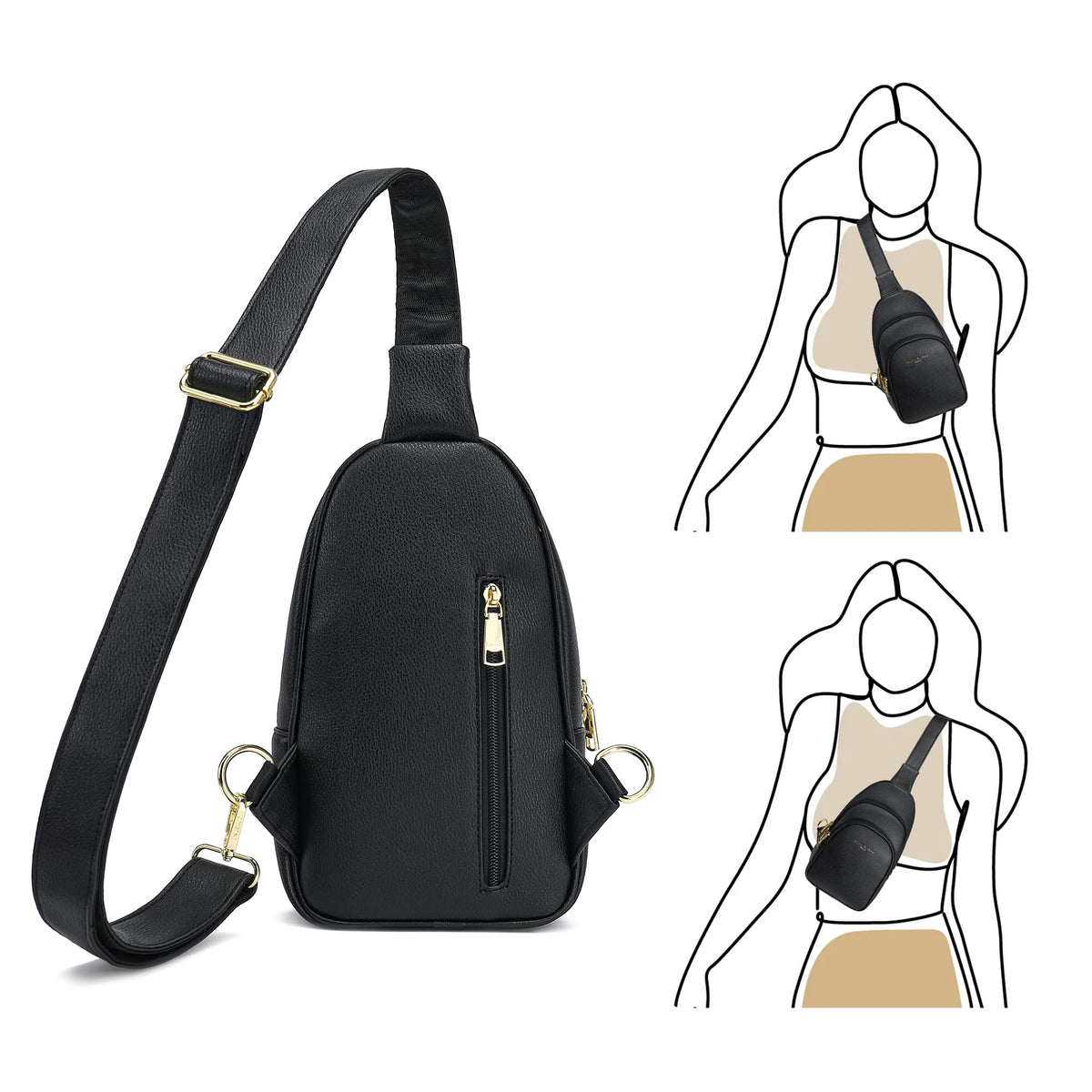 INICAT Small Crossbody Sling Bags Faux Leather Fanny Packs Purses for Women Everyday & Travel(Black)