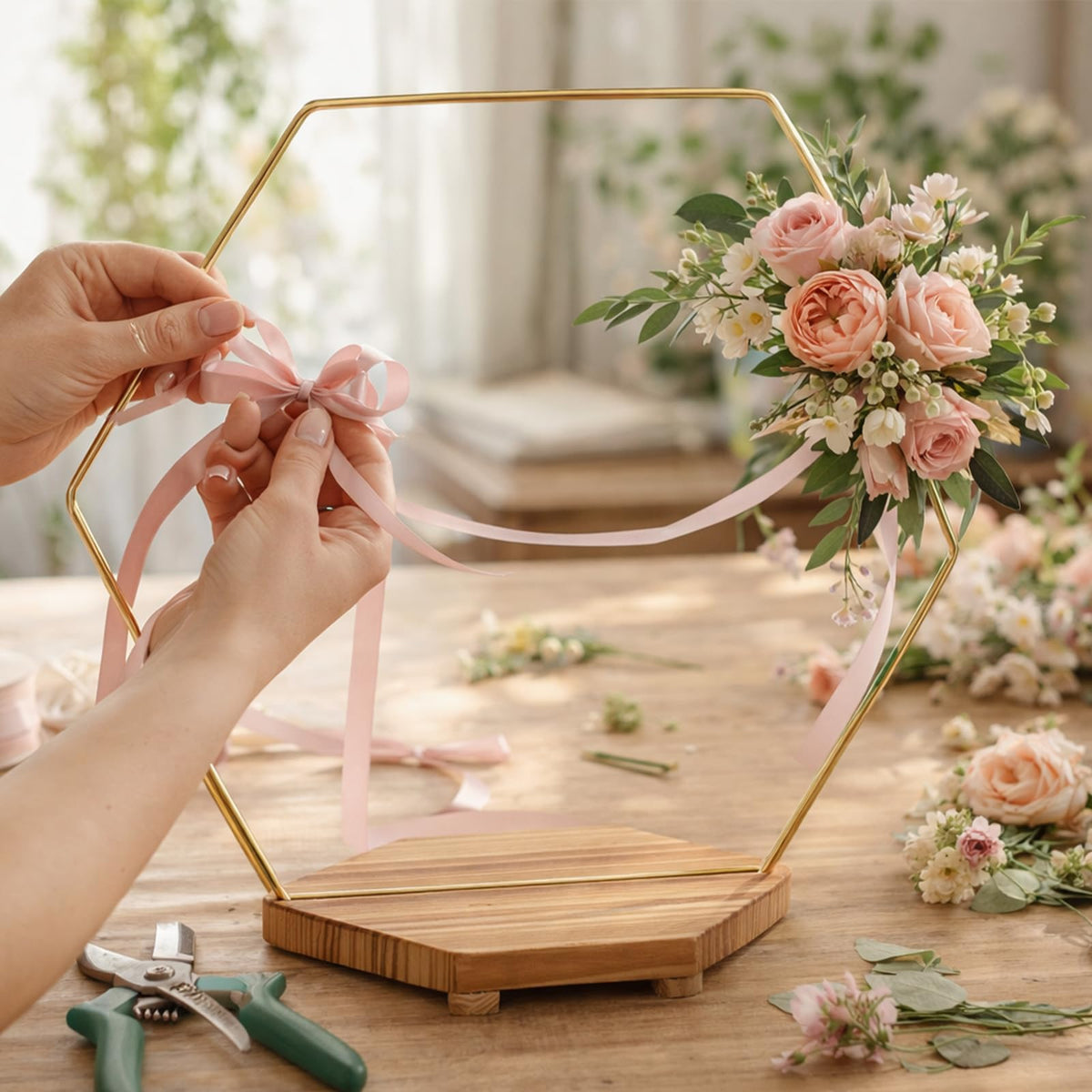 MJRASG 4 Pack Hexagon Floral Hoops with Wooden Stand, 12 Inch Metal Rings for Wedding Centerpiece Table Decorations Crafts Wreath Wedding Birthday Party Candle Rings, DIY Floral Displays