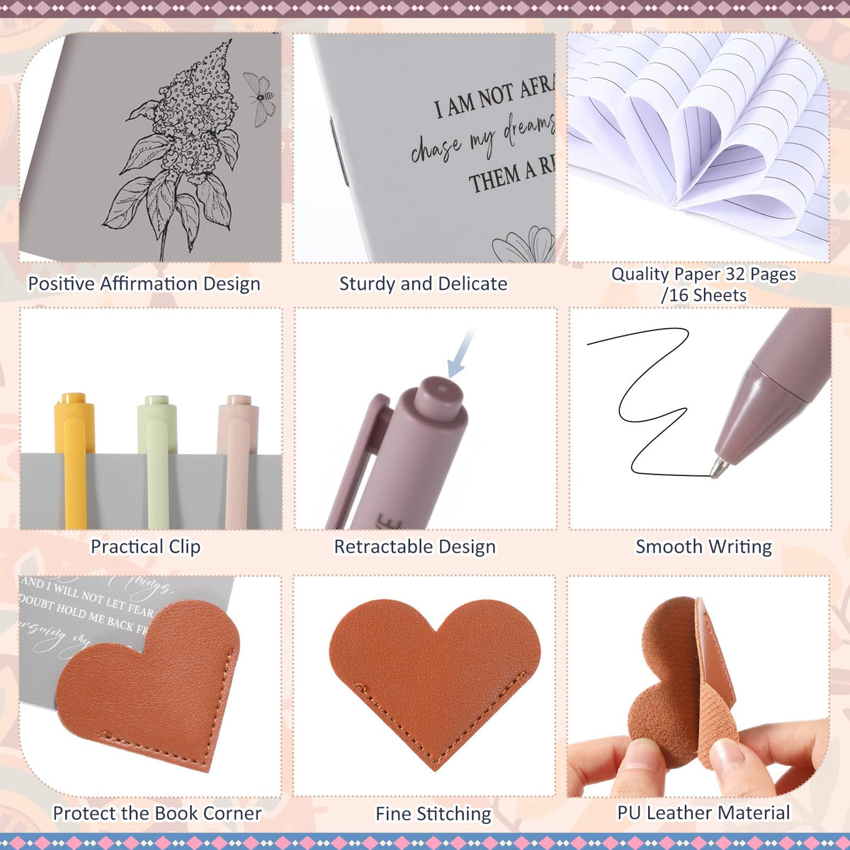 Kosiz 12 Sets Positive Affirmation Gifts Bulk, Motivational Quote Notebooks Inspirational Pens Leather Heart Bookmarks Bags Encouragement Gift Set for Mother's Day Teachers Employee Appreciation Event