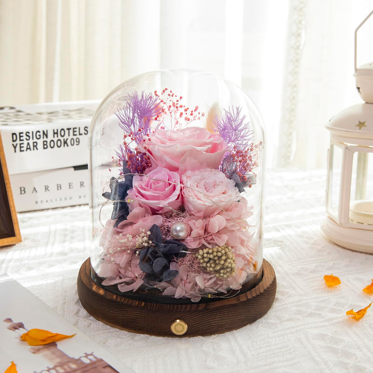 Large Preserved Flowers with Card&Box-Flowers for Delivery Prime,Eternal Rose with Lights,Roses in Glass Dome,Romantic Gift for Her,Decoration,Fresh Rose Flowers for Mom, Birthday, Anniversary (Pink)