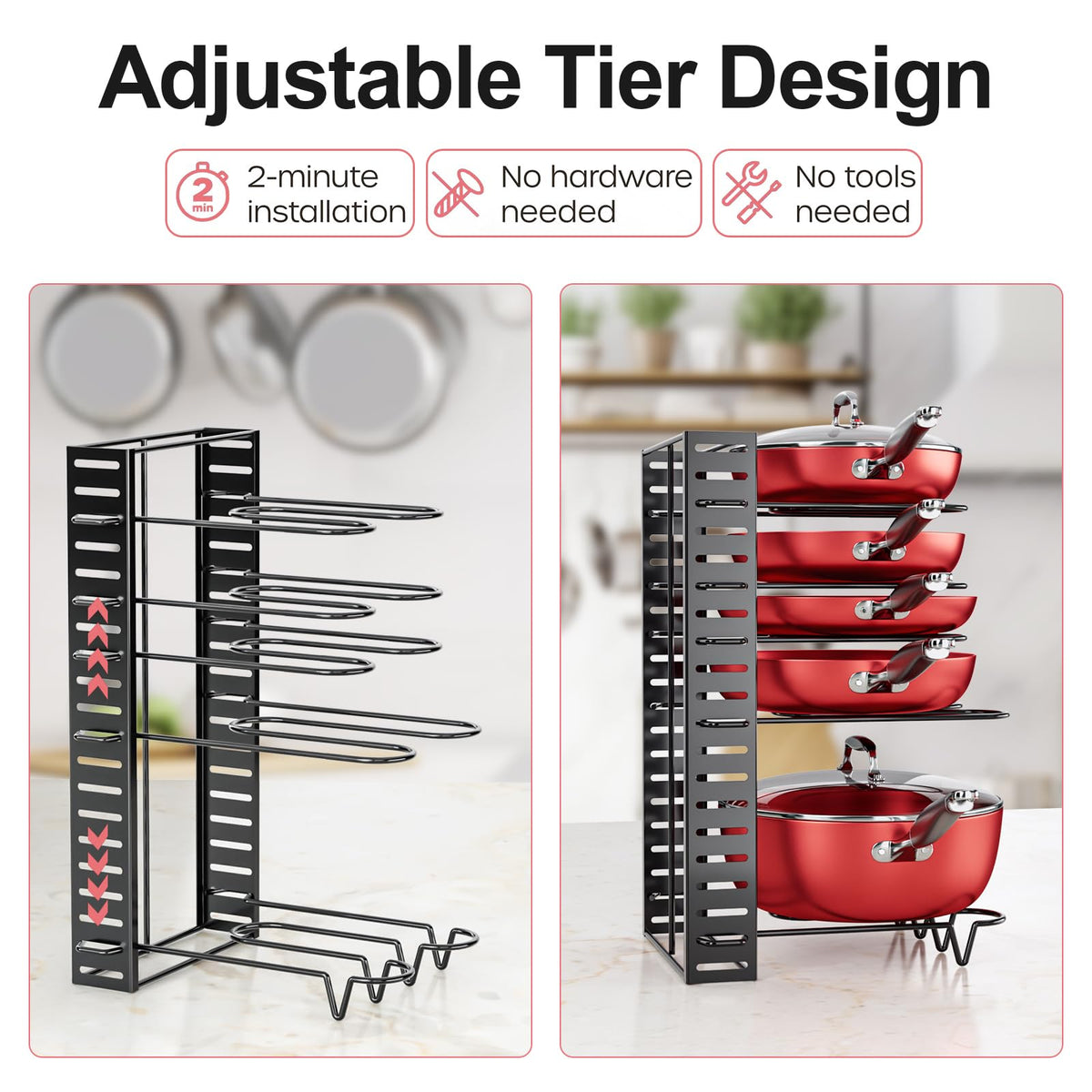 MUDEELA 8-Tier Pots and Pans Organizer under Cabinet, 16.61" Height Light Duty Pot and Pan Organizer Kitchen Cabinet Organization and Storage, Adjustable Pot Rack with 3 DIY Methods for Lids, Bakeware