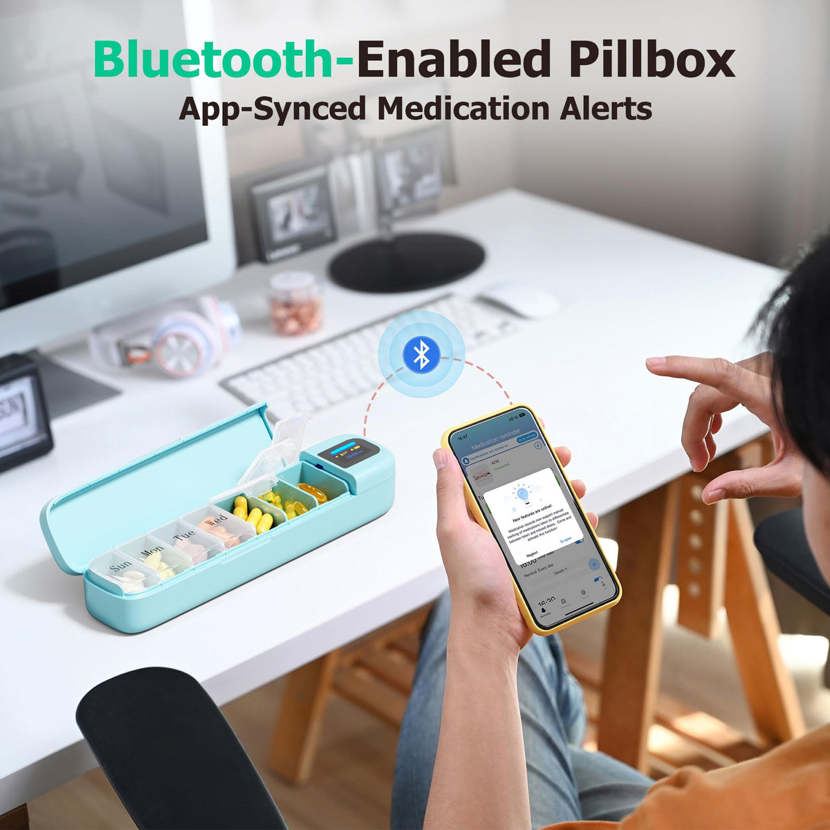 Daviky Smart Pill Organizer with Alarm, Bluetooth Daily Once a Day Pill Box 7 Day with APP, Weekly Travel Pill Case, Portable Pill Reminder for Medicines, Supplements and Vitamins(Green)