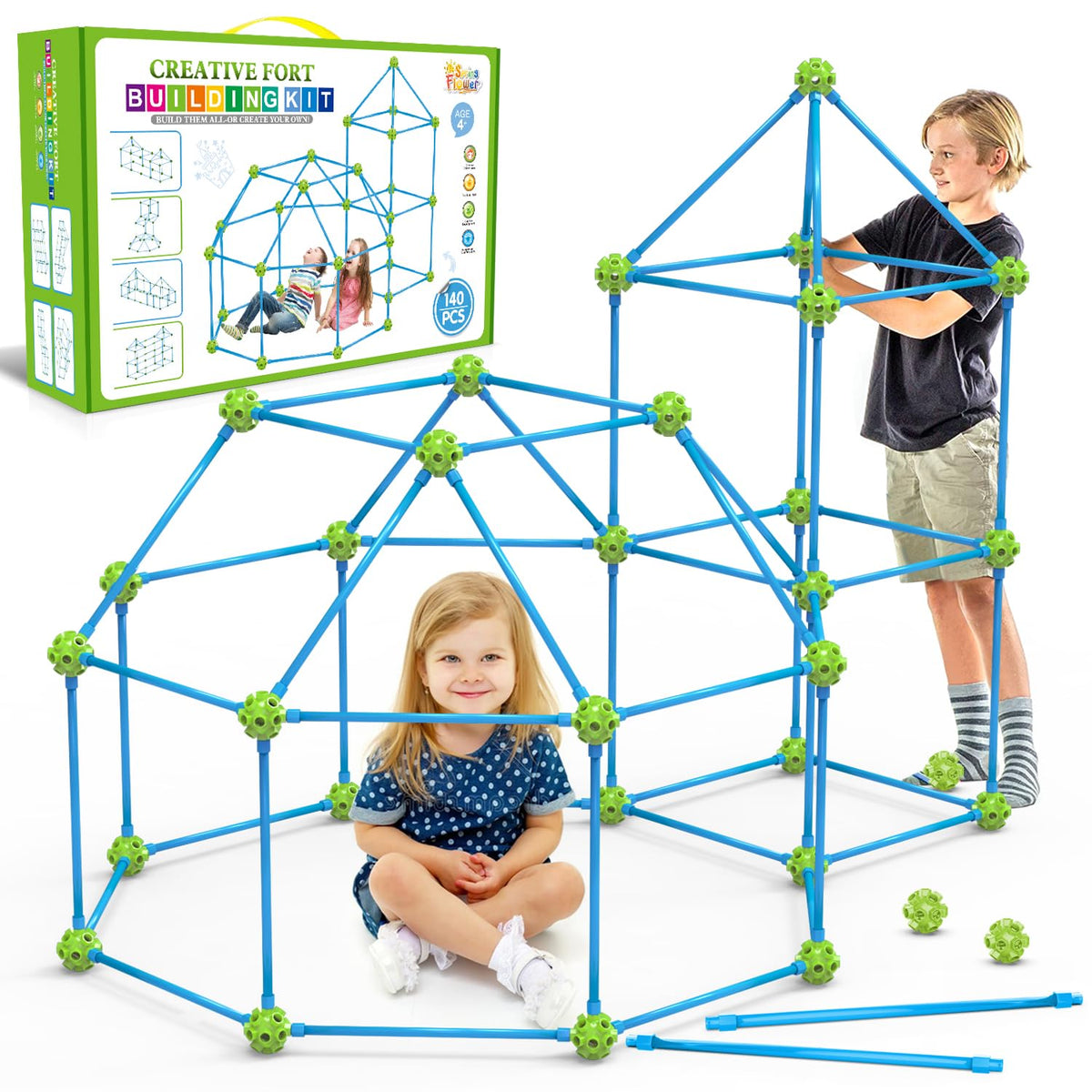 SpringFlower Fort Building Kit for Kids,STEM Construction Toys, Educational Gift for 3 4 5 6 7 8 9 10 11 12 Years Old Boys and Girls,Ultimate Creative Set for Indoor & Outdoors Activity,140 Pcs,Green