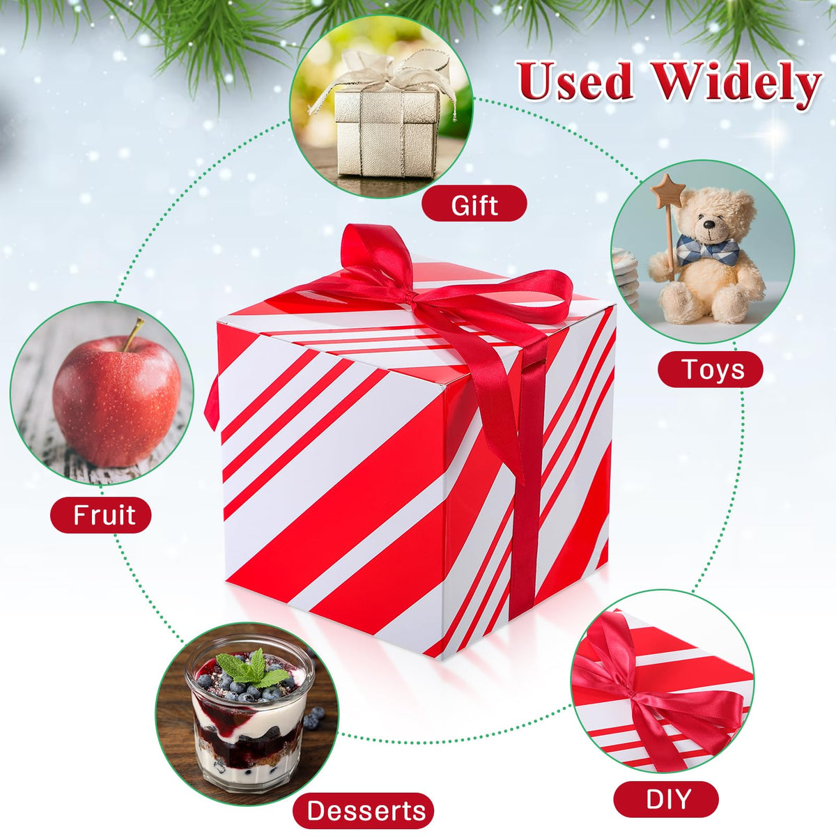 MotiMind 5 Pack Red and White Striped Christmas Gift Boxes with Lids 7x7x7 Square Gift Box with Ribbons for Wrapping Christmas Presents Wedding Bridesmaid Holiday Party Favor Boxes