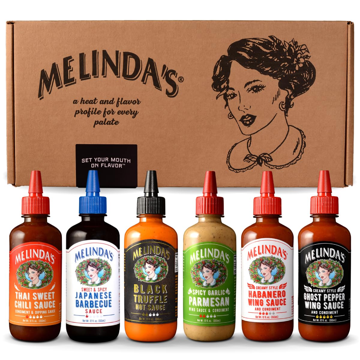 Melinda’s Craft Wing Collection - Craft Wing Sauce & Condiment Gift Set for Buffalo Wings - Black Truffle Hot Sauce, Thai Sweet Chili, Japanese BBQ, Ghost Pepper Wing Sauce & More - 12 oz, 6 Pack