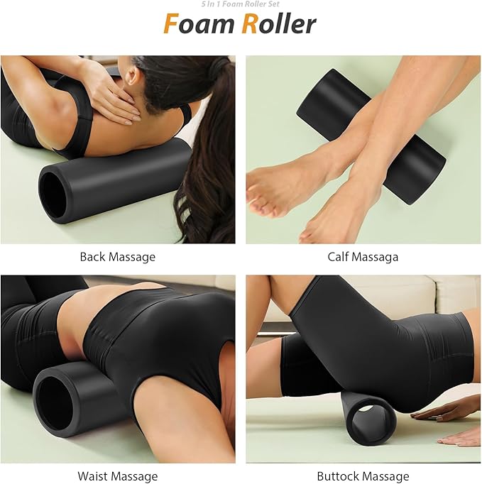 5 in 1 Foam Roller Set - Trigger Point Foam Back Roller, Muscle Roller Stick, Massage Ball, Stretching Band for Deep Muscle Massage Pilates Yoga,Fitness Exercise for Whole Body Release (Pure Black)