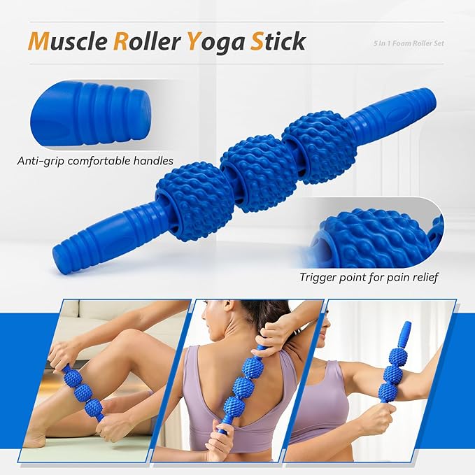 5 in1 Foam Roller Set, Trigger Point Foam Roller, Massage Roller Stick, Massage Ball, Resistance Band for Deep Muscle Massage Pilates Yoga,Fitness Exercise for Whole Body (Pure Blue)