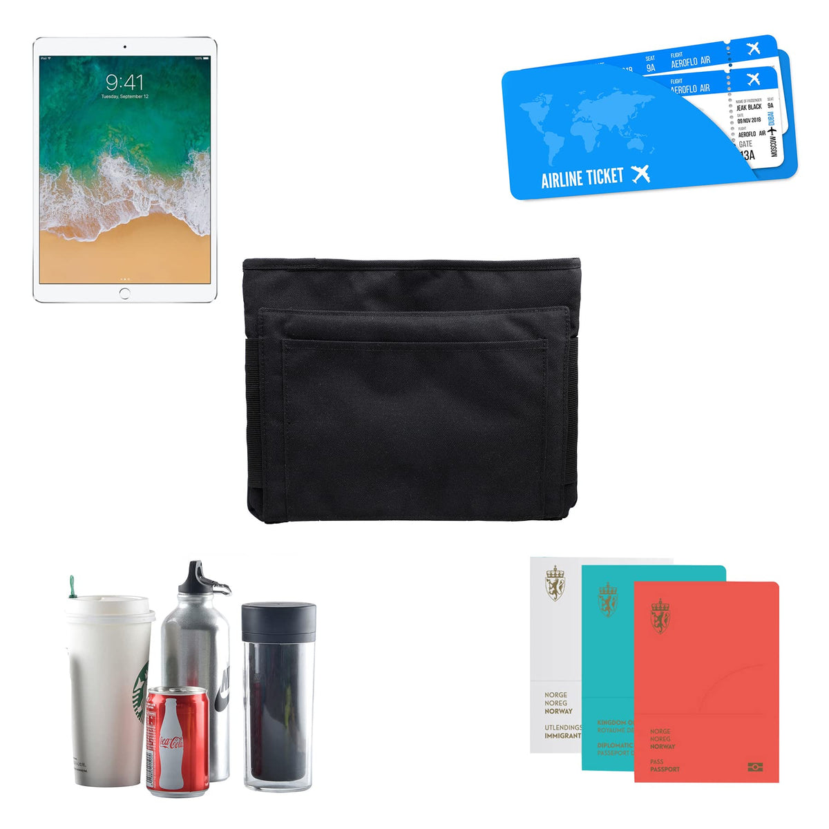 riemot Luggage Travel Cup Tablet Holder - Hold Ipad Books Passports Tickets Water Bottles - Fits Roll on Suitcase Handles - Gifts for Flight Attendants Travelers Accessories Black