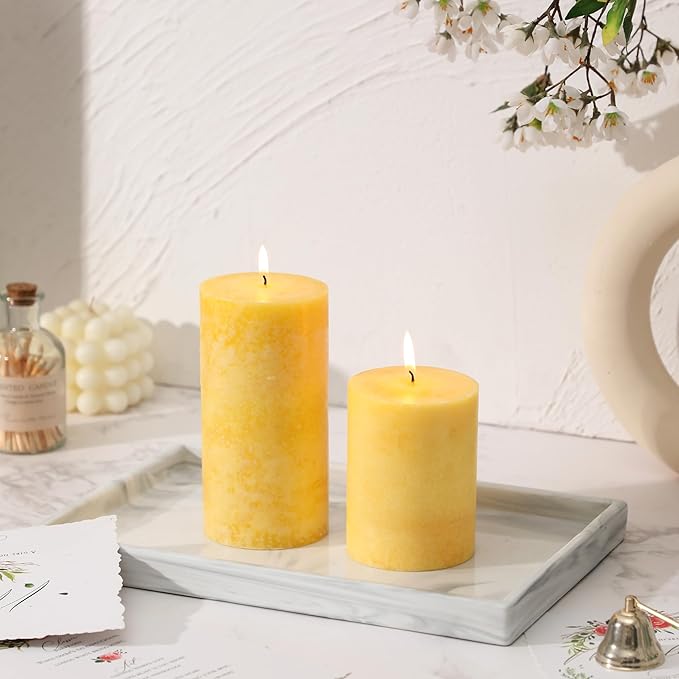 3x4 inch Yellow Pillar Candles Set of 3, Unscented Pillar Candle, Dripless and Smokeless Large Candles, Candle for Home Decor, Dinner Table,Weddings, Holidays