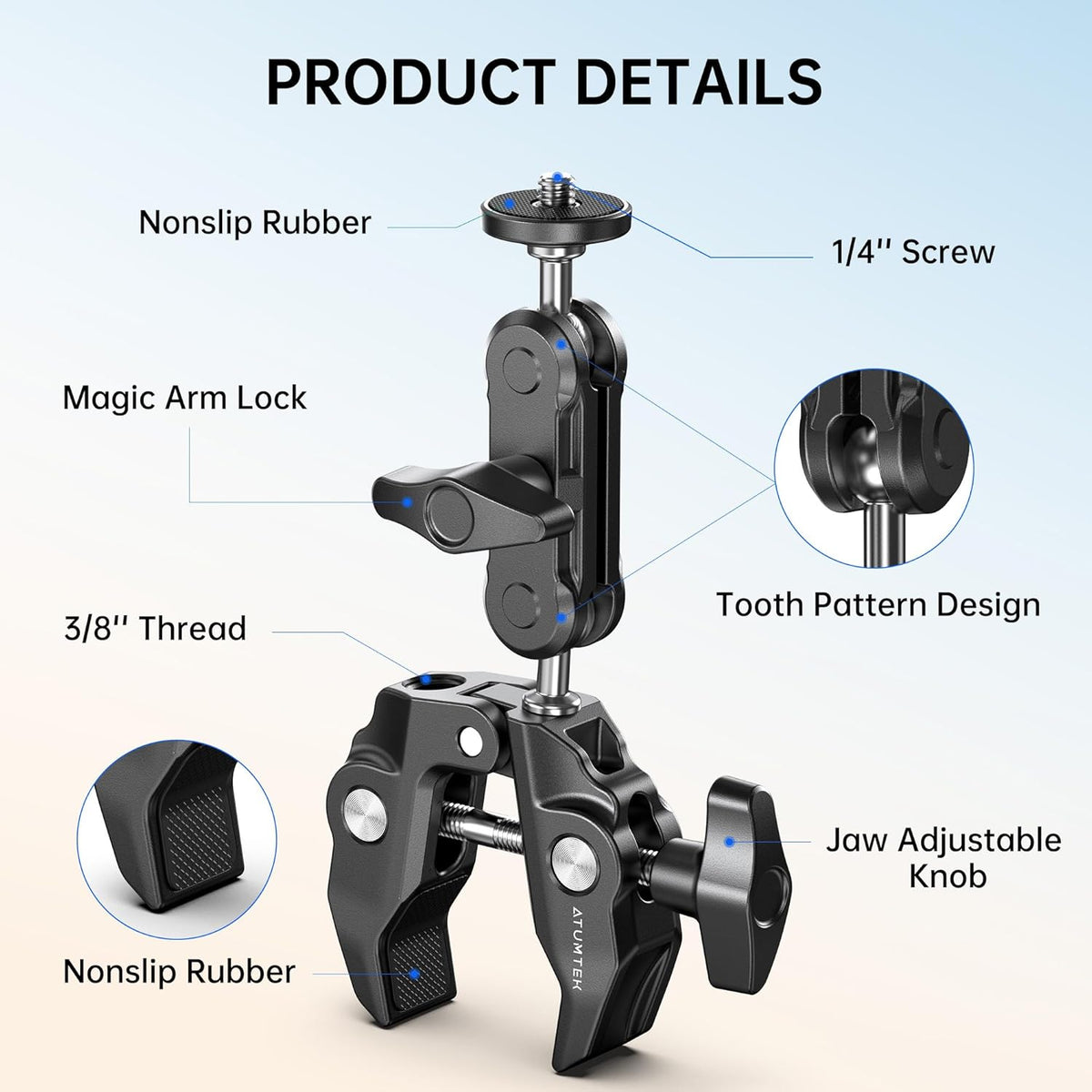 ATUMTEK 1/4" 3/8" 360 GoPro/Insta360/INSTAX/DJI Super Camera Clamp Mount with and Threads, Dual Ballhead Magic Arm Ball