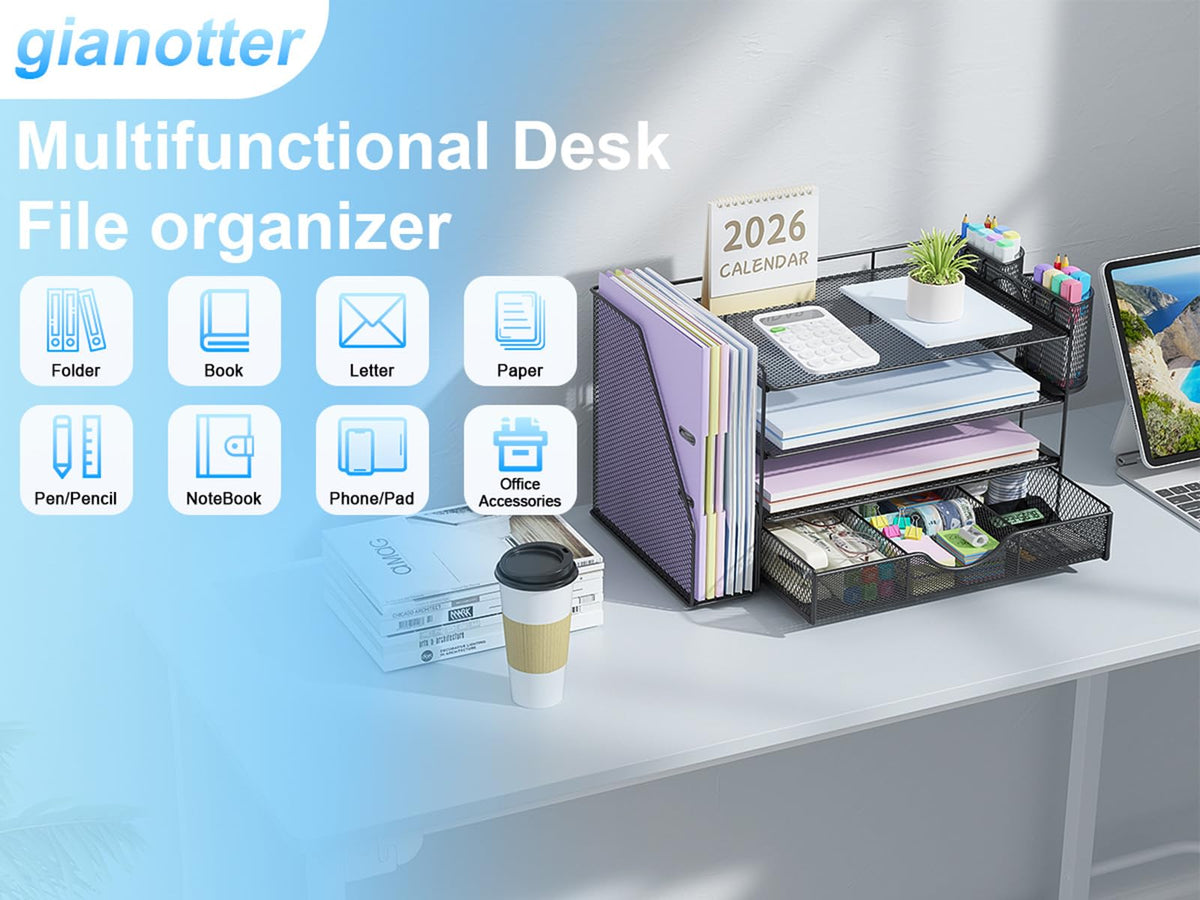 gianotter Desk Organizers and Accessories with File Holder, 4-Tier Desk Accessories & Workspace Organizers with Drawer and 2 Pen Holder, Paper Organizer for Office Supplies (Black)