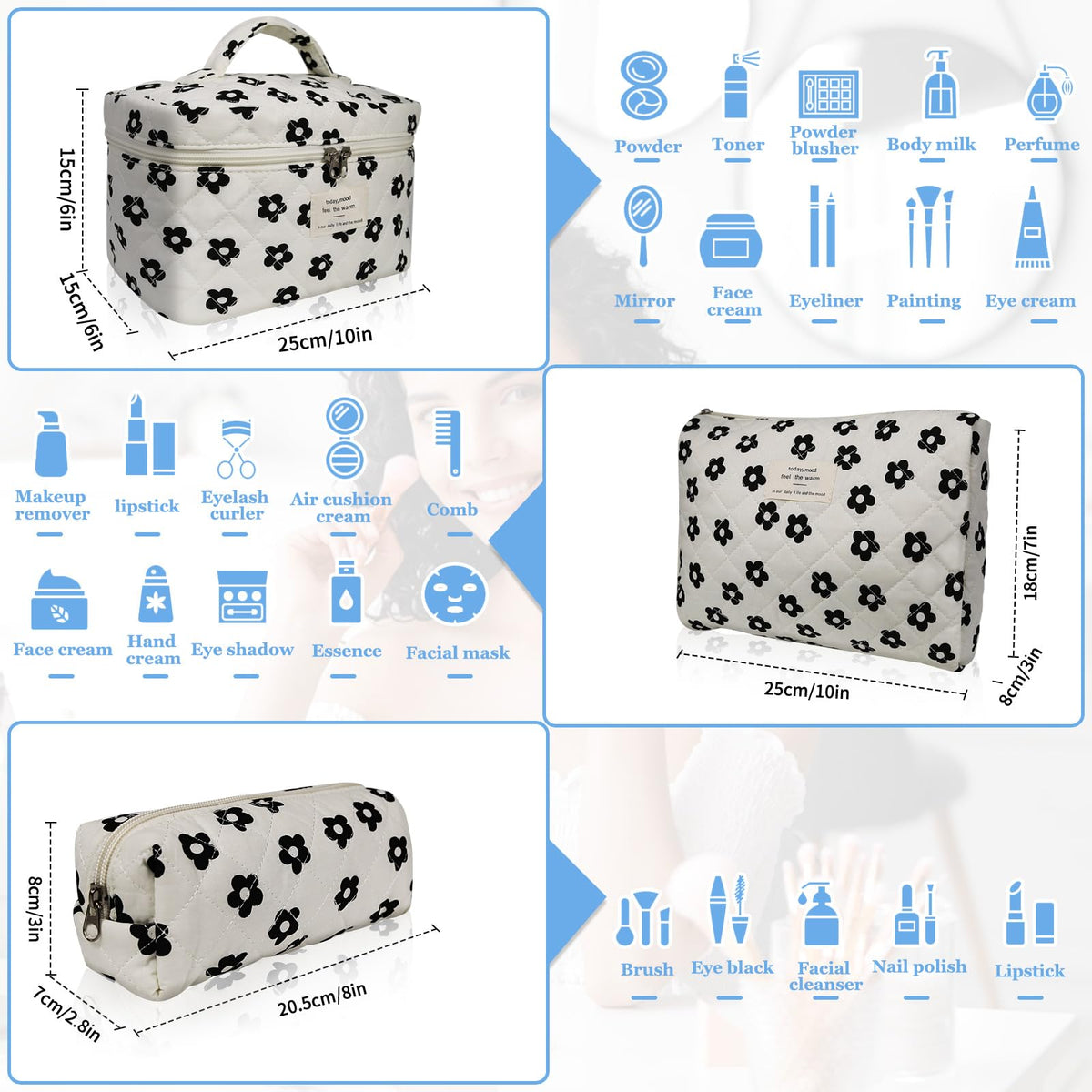 Gosect 3pc Makeup Bag Set, Quilted Makeup Bag Set, Large Floral Cosmetic Bag for Women, Cute Cotton Makeup Bags, Flower Travel Toiletry Organizer Bag (Black Flowers)