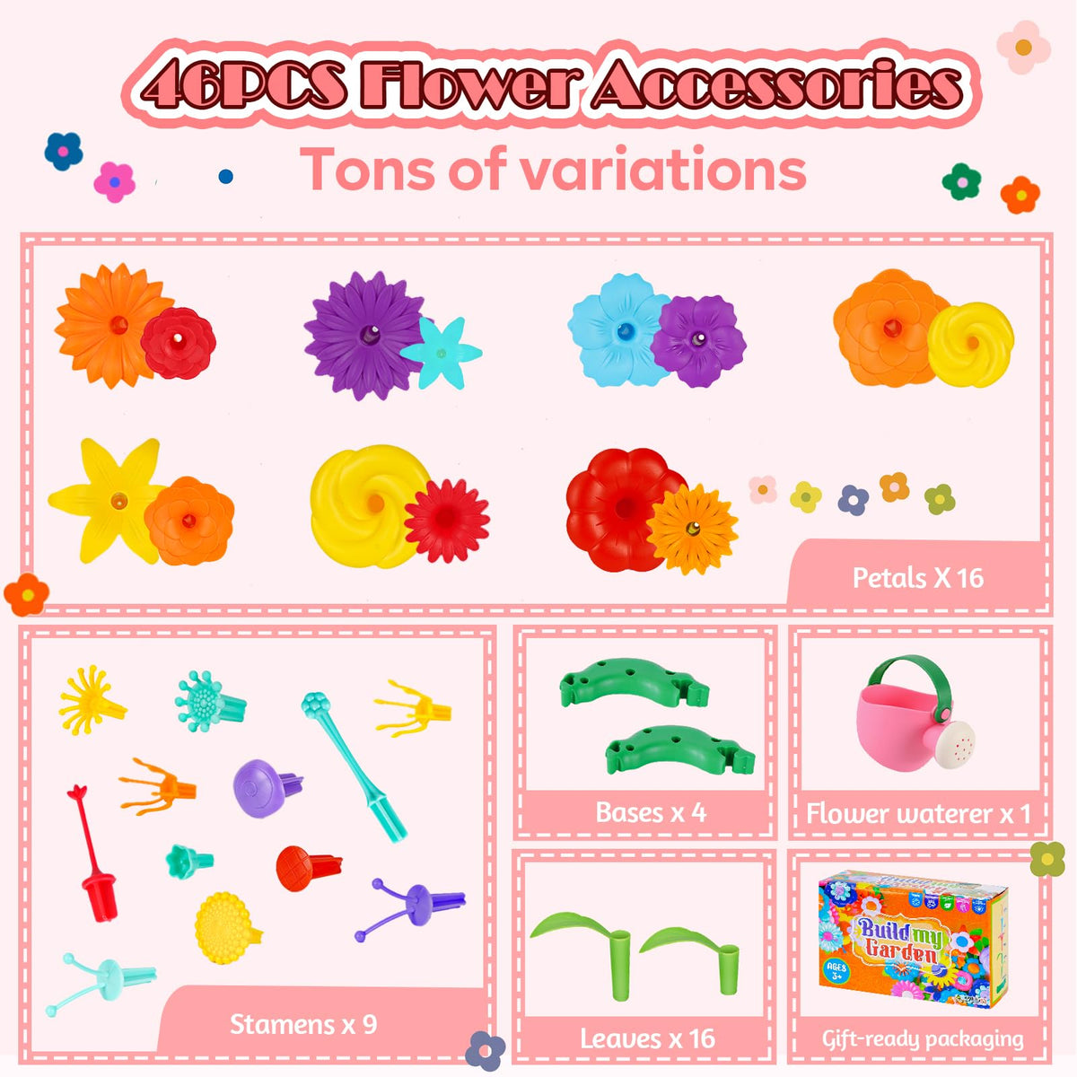 FUNZBO Girl Flower Garden Building Toys Set - Birthday Gifts for Age 2 3 4 5 6 Years Old Girls, STEM Montessori Educational Toy for Toddler Kids, Sorting & Stacking Spring Gardening Set