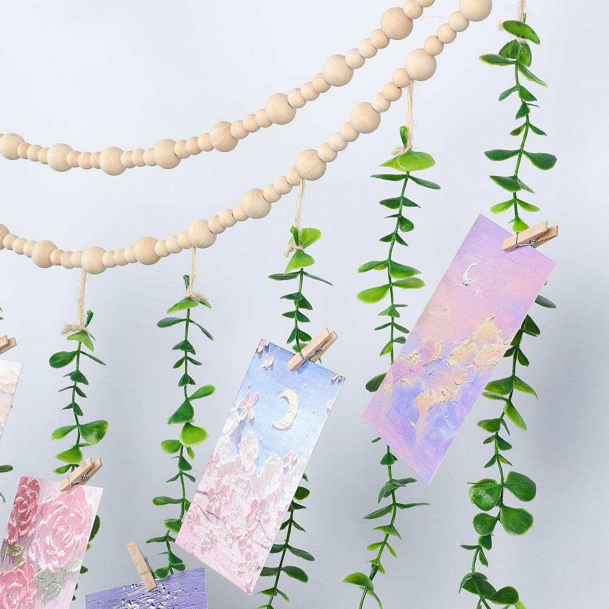 TXIN Hanging Photo Display Holder Wall Decor with Wooden Cards Clips, Boho Style Picture Frame Wood Beads Garland Artificial Eucalyptus Plant Home Decoration for Farmhouse Greenery Cubicle Bedroom