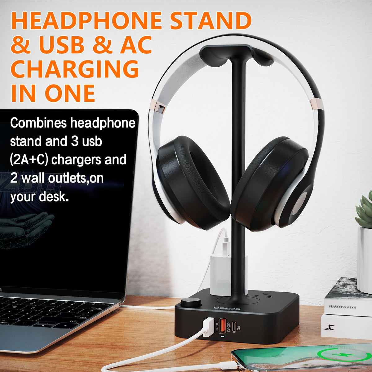 COZOO Headphone Stand with USB Charger Desktop Gaming Headset Holder Hanger with 3 USB Charging Station and 2 Outlets Power Strip,Suitable for Gaming, DJ,Wireless Earphone Display, Gamer Gifts for Men