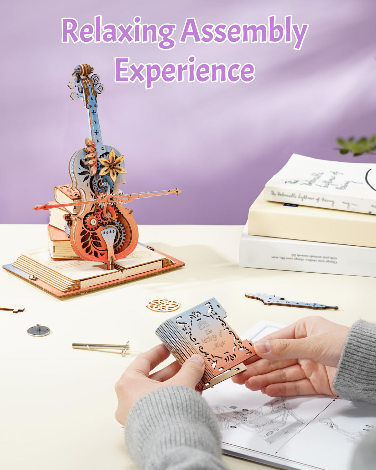 ROKR 3D Puzzles for Adults, Wooden Music Boxes-Cello, Model Kits for Adults, DIY Building Sets, Birthday Gifts Hobbies for Women Men