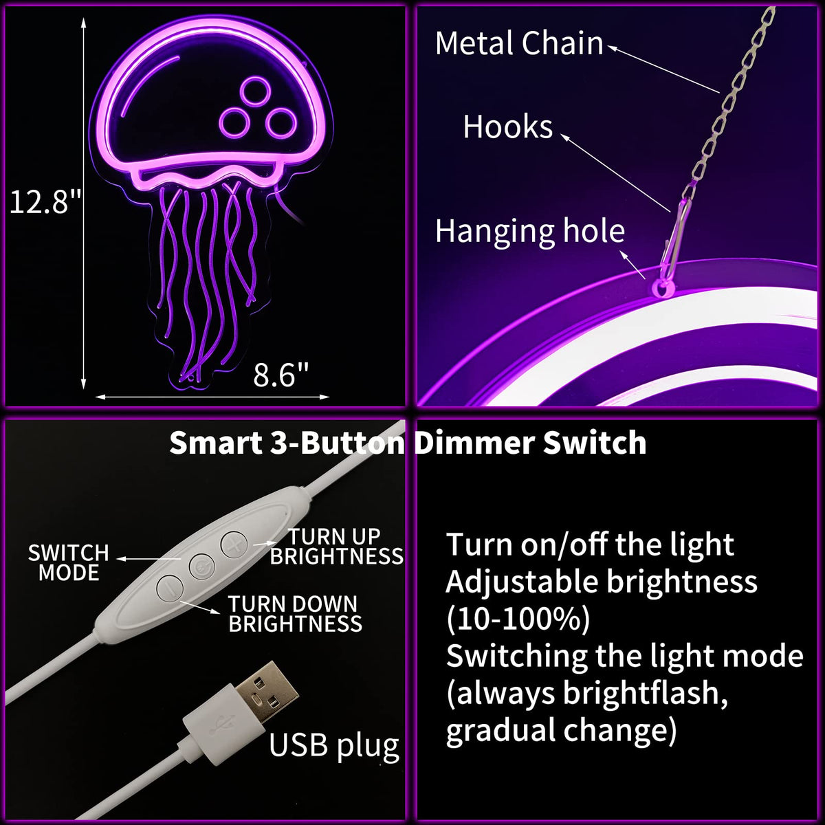 Jellyfish Neon signs for wall decor,Powered by USB Purple LED Neon Light Sign，3D Art Aesthetic Jelly Fish Neon Sign for Birthday Party,Jellyfish Decor, Kids Gifts