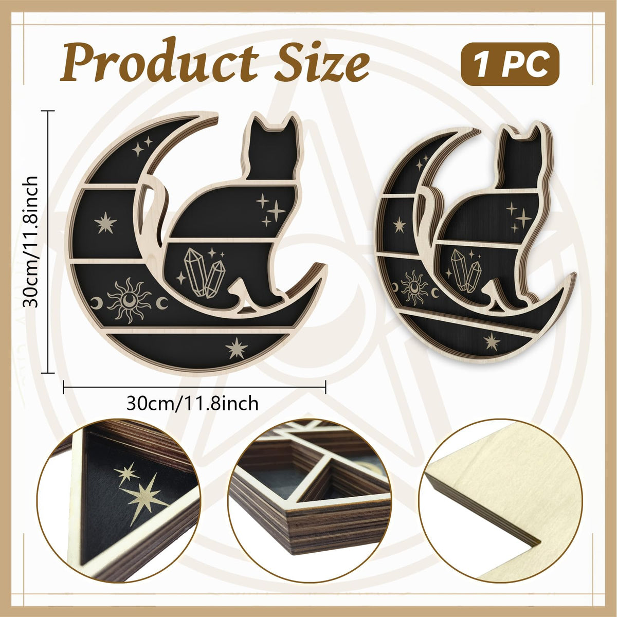 peacoblue Moon and Cat Shaped Crystal Display Shelf 11.1" L× 11.8" W× 1.2" Wooden Wall Mounted Decor for Crystals, Gemstones & Trinkets for Bohemian, Witchy & Modern Interiors