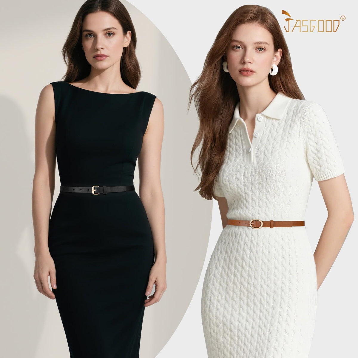 JASGOOD 4 Pack Women Skinny Leather Belt for Dresses with Gold Buckle Ladies Thin Waist Belt for Jeans Pants，Beige+White+Black+Blue